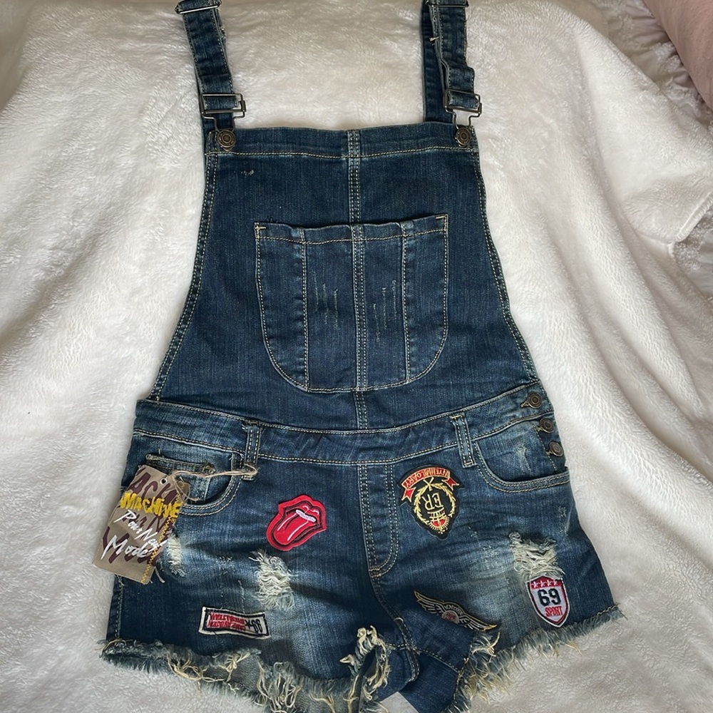 NWT MACHINE NOUVELLE MODE Dark Wash Patches Raw Hem Short Denim Overalls